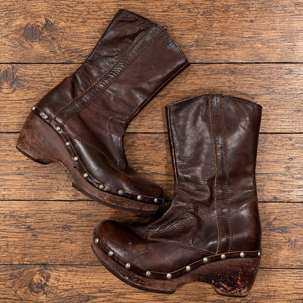 Vintage Brown Leather Studded Wood Platform Boots 38 Y2K Boho Fall Grunge 2000s